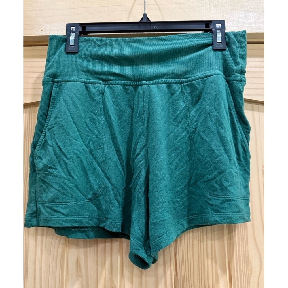 Athleta Green Knit Lounge Shorts Wide Ribbed Waistband Side Pockets Size M